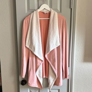 Suzanne Betro Coral Open Front Cardigan with Cream Trim